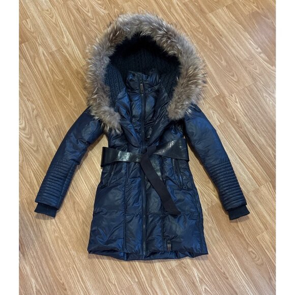 Rudsak Womens TP/XS Navy Down Long Coat With Fur Trim Hood Leather Accents - Picture 2 of 16